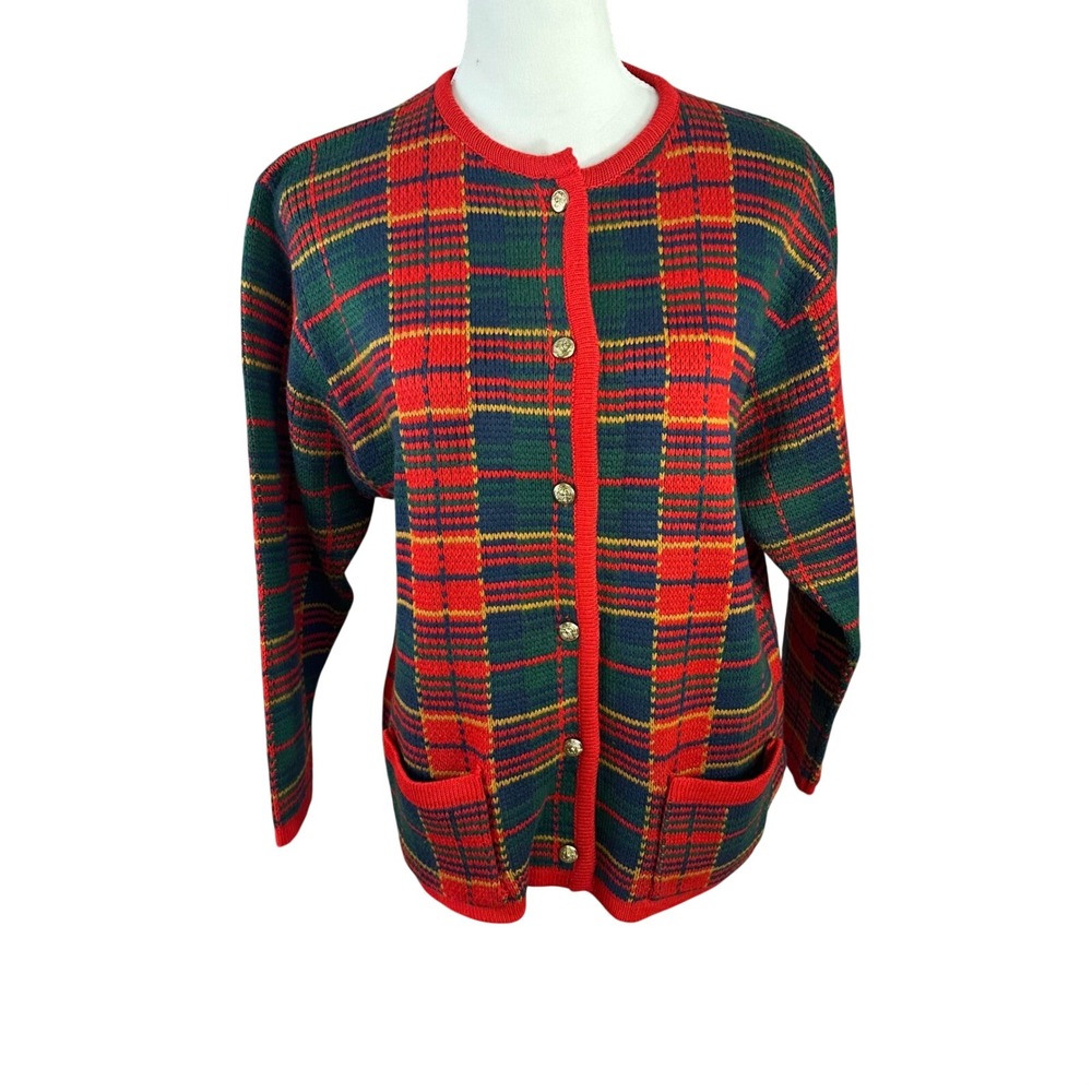 Chandler Hill Women's Plaid Button Up Cardigan Sweater Red Green Blue Gold L